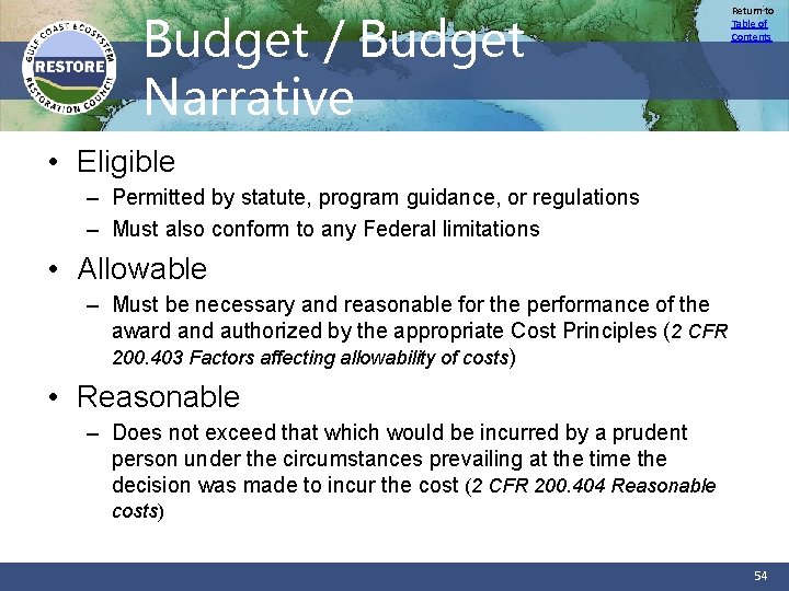 Budget / Budget Narrative Return to Table of Contents • Eligible – Permitted by