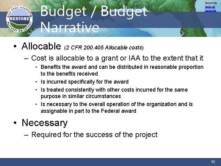 Budget / Budget Narrative Return to Table of Contents • Allocable (2 CFR 200.