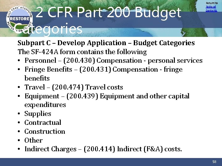 2 CFR Part 200 Budget Categories Return to Table of Contents Subpart C –