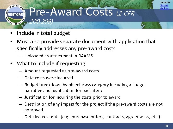 Pre-Award Costs (2 CFR Return to Table of Contents 200. 209) • Include in