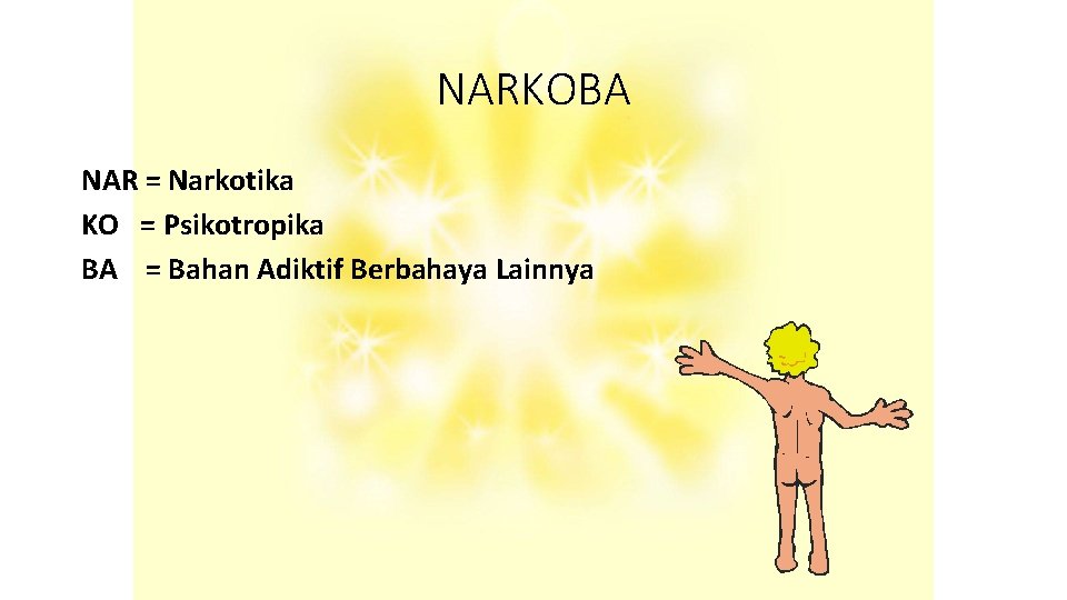 NARKOBA NAR = Narkotika KO = Psikotropika BA = Bahan Adiktif Berbahaya Lainnya 