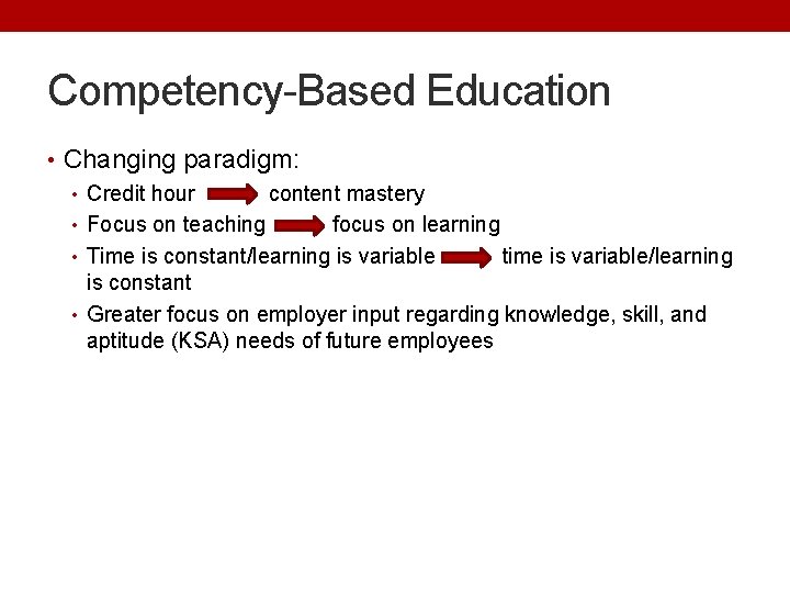 Competency-Based Education • Changing paradigm: • Credit hour content mastery • Focus on teaching