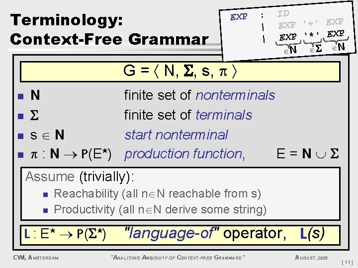 Terminology: Context-Free Grammar EXP : | | ID EXP '+' EXP '*' EXP N