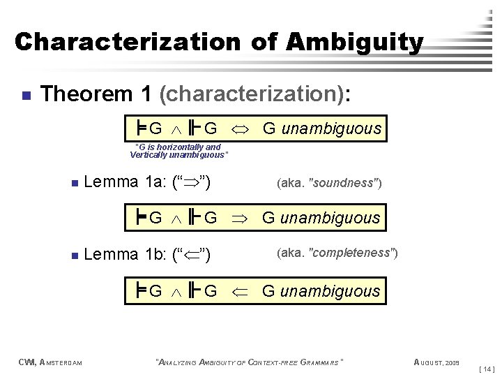 Characterization of Ambiguity n Theorem 1 (characterization): G G G unambiguous "G is horizontally