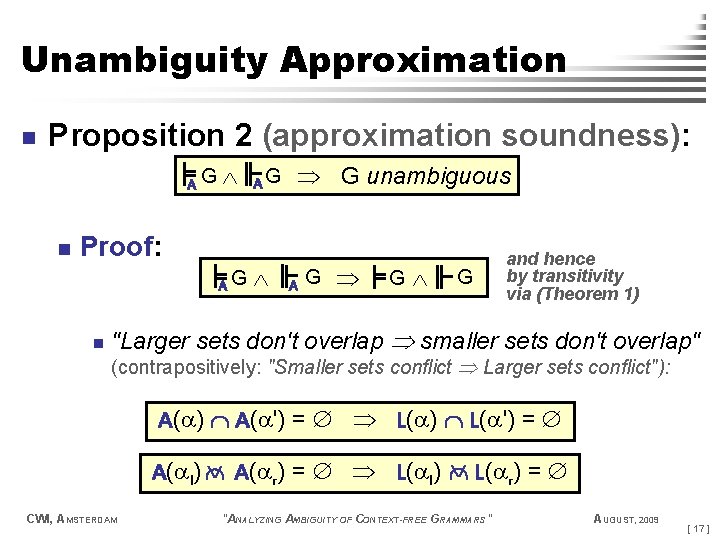 Unambiguity Approximation n Proposition 2 (approximation soundness): AG n Proof: AG n AG G