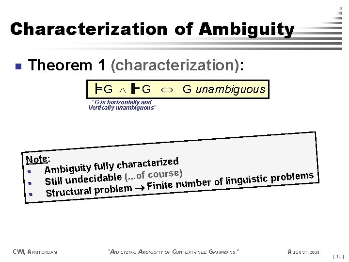 Characterization of Ambiguity n Theorem 1 (characterization): G G G unambiguous "G is horizontally