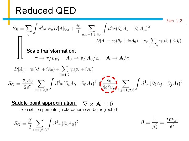 Reduced QED Sec. 2. 2 Scale transformation: Saddle point approximation: Spatial components (=retardation) can