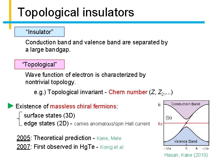 Topological insulators “Insulator” Conduction band valence band are separated by a large bandgap. “Topological”