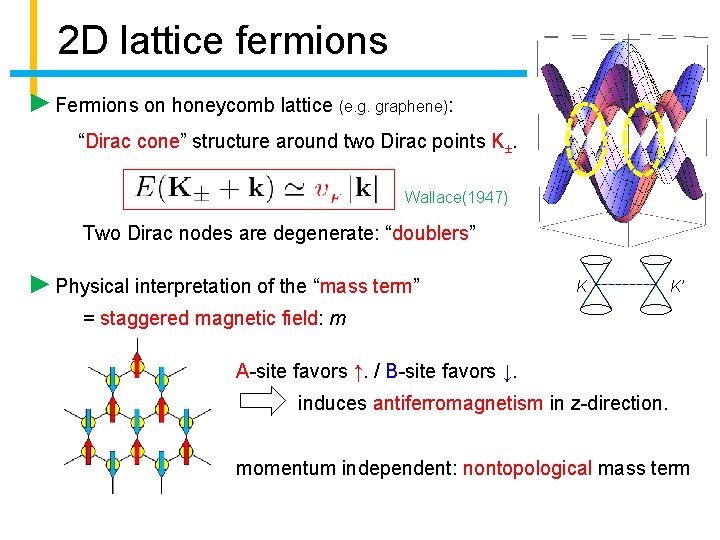 2 D lattice fermions Fermions on honeycomb lattice (e. g. graphene): “Dirac cone” structure