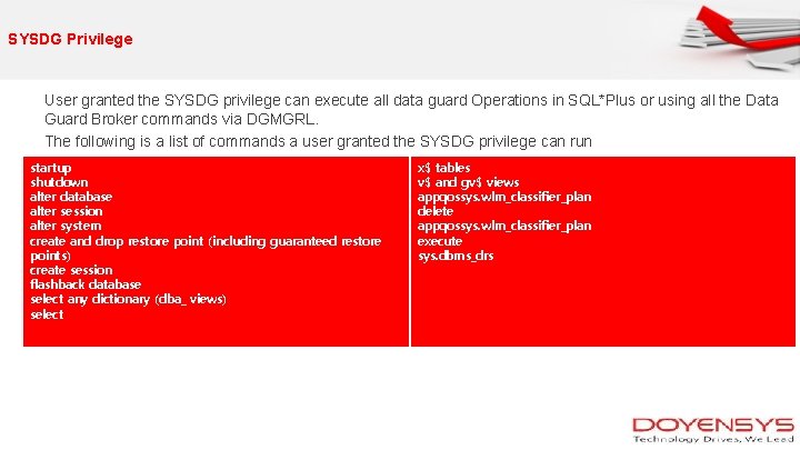 SYSDG Privilege User granted the SYSDG privilege can execute all data guard Operations in