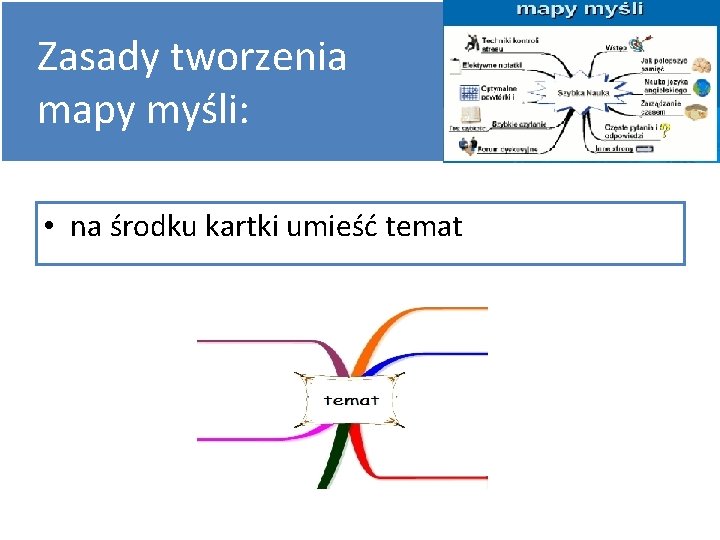 Zasady tworzenia mapy myśli: • na środku kartki umieść temat 