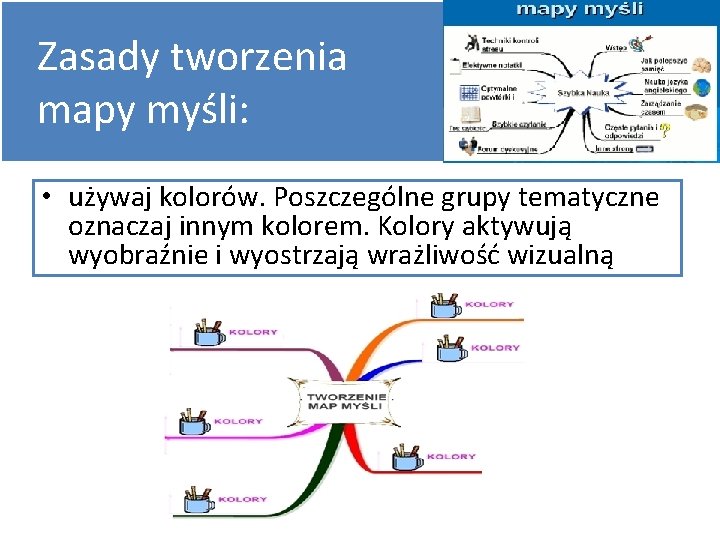Zasady tworzenia mapy myśli: • używaj kolorów. Poszczególne grupy tematyczne oznaczaj innym kolorem. Kolory