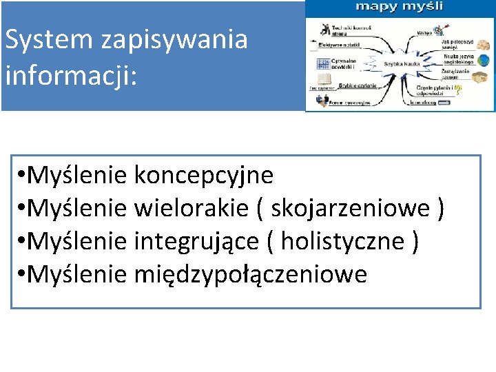 System zapisywania informacji: • Myślenie koncepcyjne • Myślenie wielorakie ( skojarzeniowe ) • Myślenie