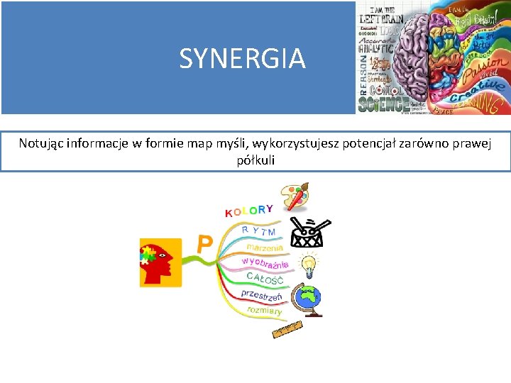 SYNERGIA Notując informacje w formie map myśli, wykorzystujesz potencjał zarówno prawej półkuli 