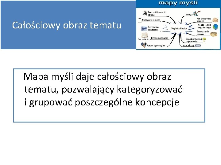 Całościowy obraz tematu Mapa myśli daje całościowy obraz tematu, pozwalający kategoryzować i grupować poszczególne