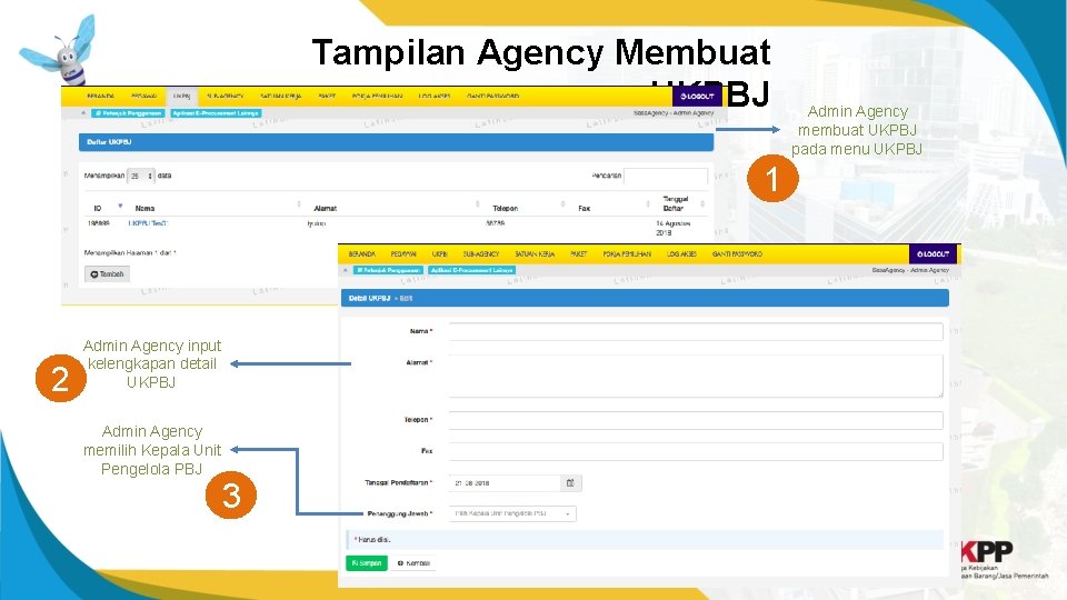 Tampilan Agency Membuat UKPBJ 1 2 Admin Agency input kelengkapan detail UKPBJ Admin Agency