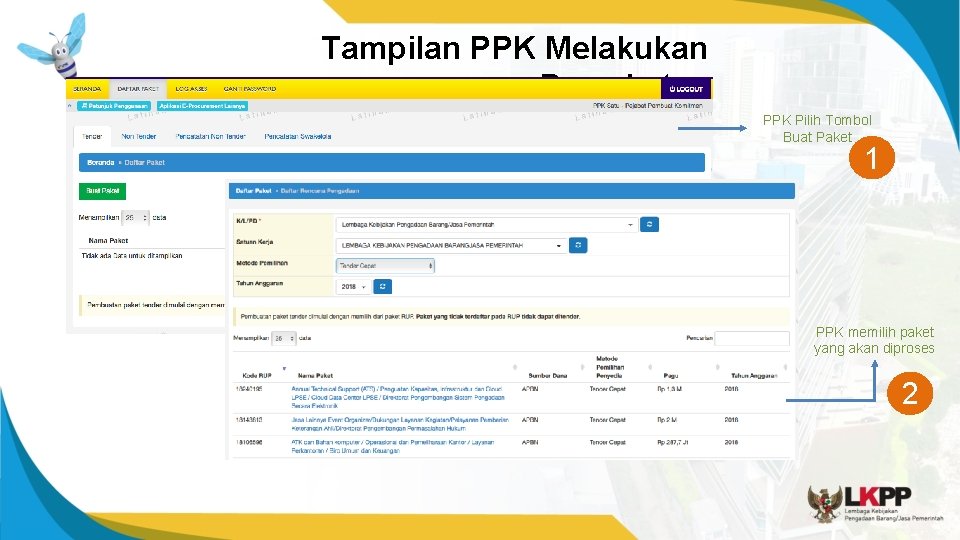 Tampilan PPK Melakukan Pemaketan PPK Pilih Tombol Buat Paket 1 PPK memilih paket yang