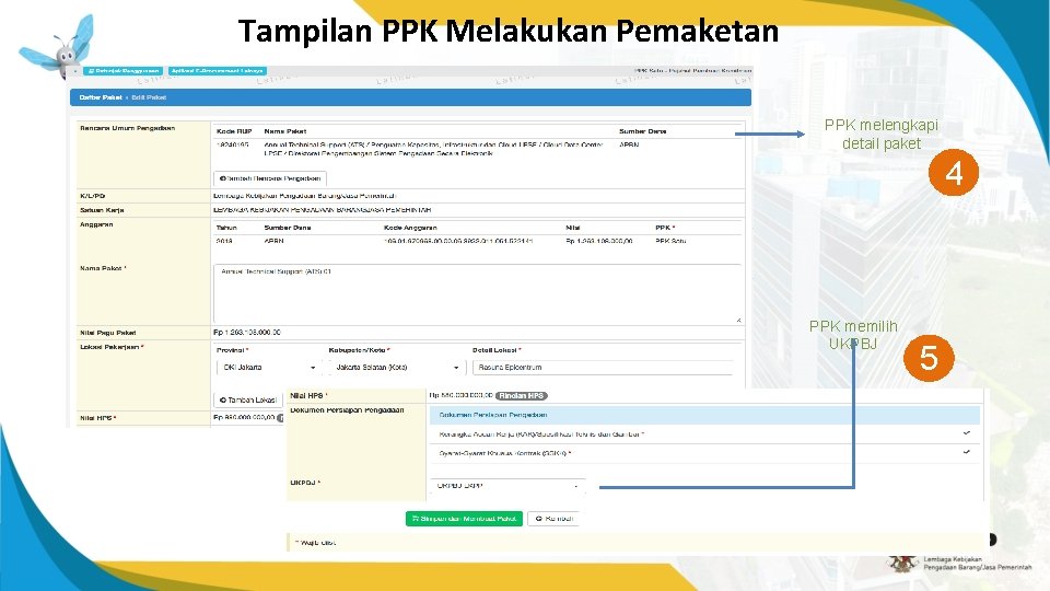 Tampilan PPK Melakukan Pemaketan PPK melengkapi detail paket 4 PPK memilih UKPBJ 5 