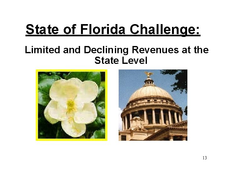 State of Florida Challenge: Limited and Declining Revenues at the State Level 13 