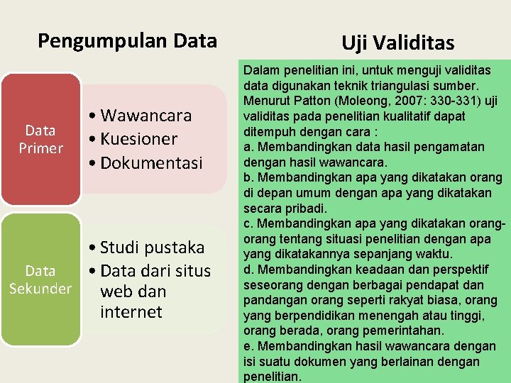 Pengumpulan Data Primer • Wawancara • Kuesioner • Dokumentasi • Studi pustaka Data •