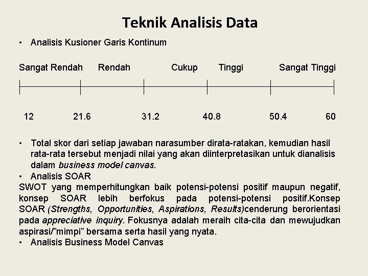 Teknik Analisis Data • Analisis Kusioner Garis Kontinum Sangat Rendah Cukup Tinggi 12 Sangat