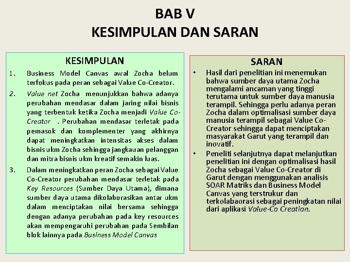 BAB V KESIMPULAN DAN SARAN KESIMPULAN 1. 2. 3. Business Model Canvas awal Zocha