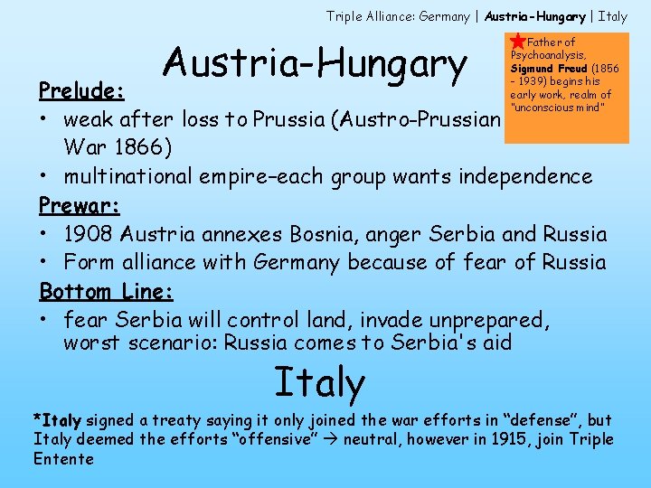 Triple Alliance: Germany | Austria-Hungary | Italy Austria-Hungary Father of Psychoanalysis, Sigmund Freud (1856