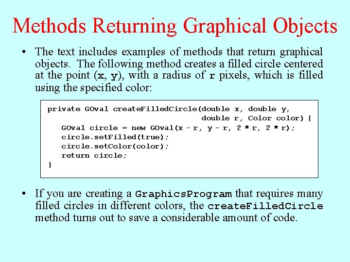 Methods Returning Graphical Objects • The text includes examples of methods that return graphical