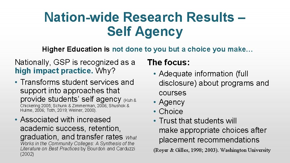 Nation-wide Research Results – Self Agency Higher Education is not done to you but