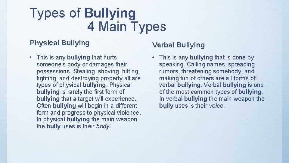 Types of Bullying 4 Main Types Physical Bullying Verbal Bullying • This is any