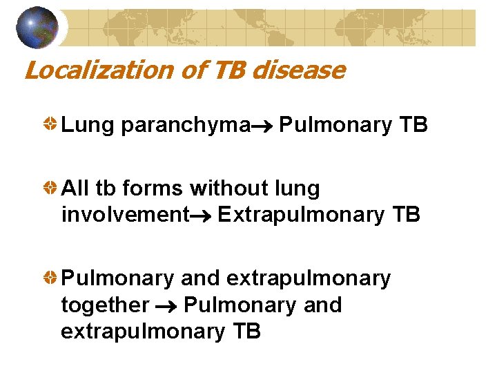 Localization of TB disease Lung paranchyma Pulmonary TB All tb forms without lung involvement