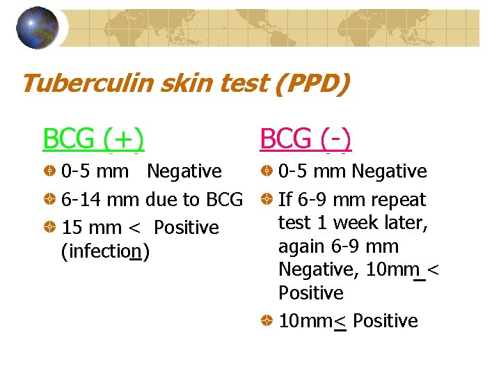 Tuberculin skin test (PPD) BCG (+) 0 -5 mm Negative 6 -14 mm due