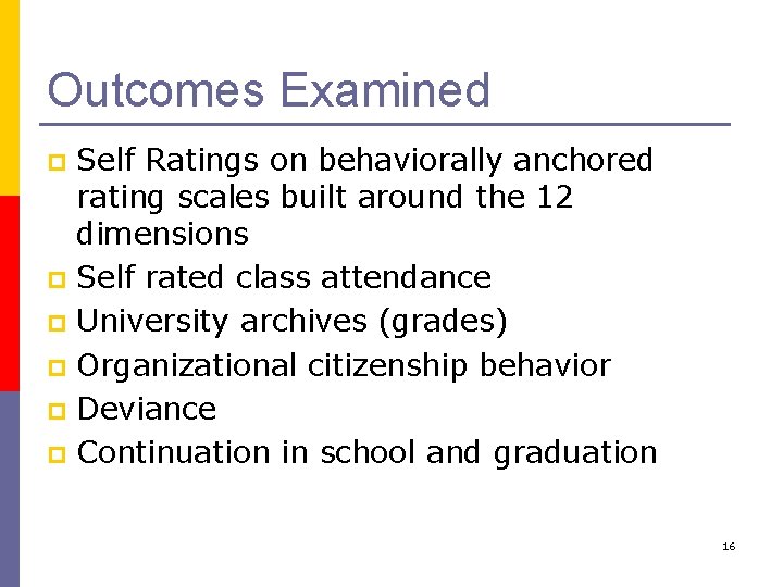Outcomes Examined Self Ratings on behaviorally anchored rating scales built around the 12 dimensions
