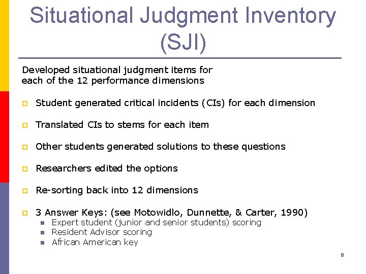 Situational Judgment Inventory (SJI) Developed situational judgment items for each of the 12 performance