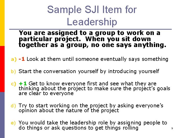 Sample SJI Item for Leadership You are assigned to a group to work on