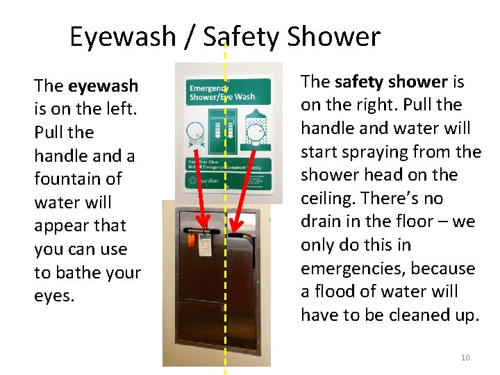 Eyewash / Safety Shower The eyewash is on the left. Pull the handle and Eyewash / Safety Shower The eyewash is on the left. Pull the handle and