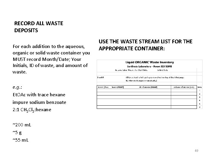 RECORD ALL WASTE DEPOSITS For each addition to the aqueous, organic or solid waste RECORD ALL WASTE DEPOSITS For each addition to the aqueous, organic or solid waste