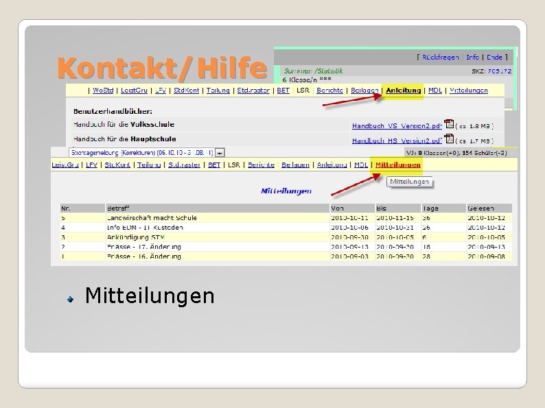 Kontakt/Hilfe Überblick Kontakt Anleitungen Mitteilungen 