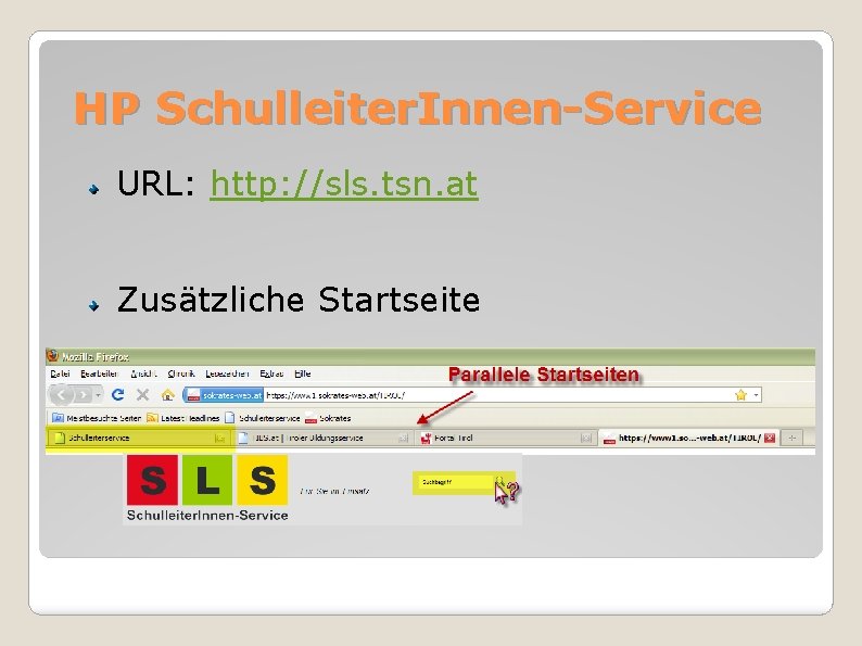 HP Schulleiter. Innen-Service URL: http: //sls. tsn. at Zusätzliche Startseite Artikelsuche 