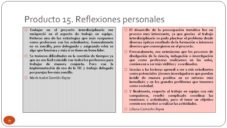 Producto 15. Reflexiones personales � Trabajar en el proyecto interdisciplinario me enriqueció en el