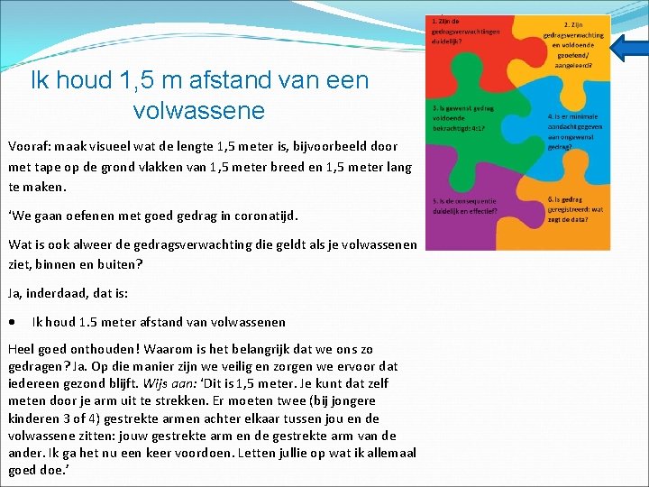 Ik houd 1, 5 m afstand van een volwassene Vooraf: maak visueel wat de