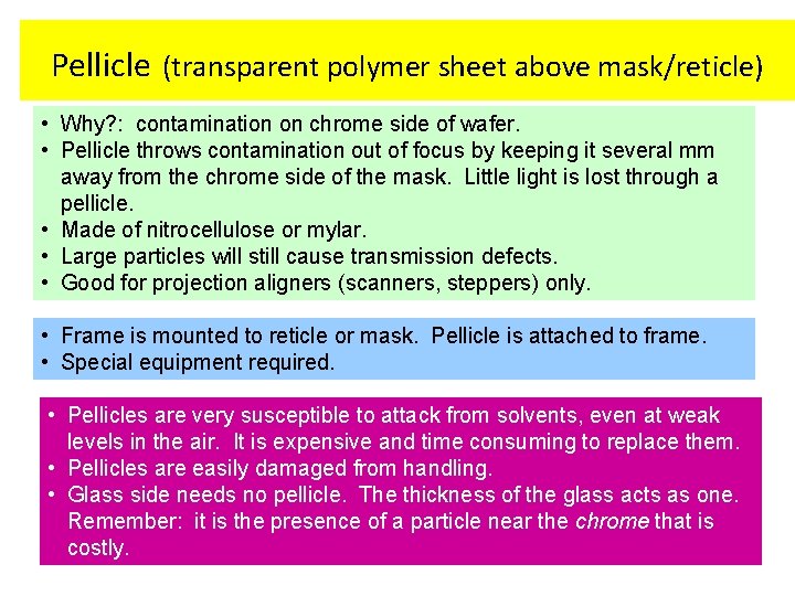 Pellicle (transparent polymer sheet above mask/reticle) • Why? : contamination on chrome side of