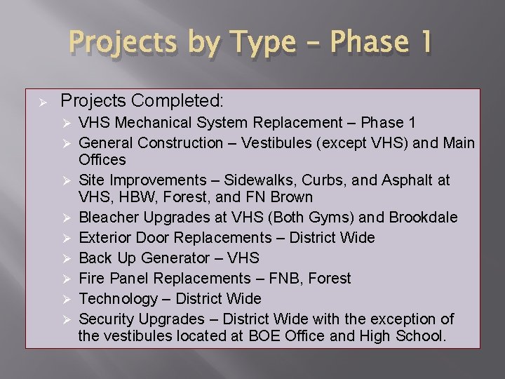 Projects by Type – Phase 1 Ø Projects Completed: Ø Ø Ø Ø Ø