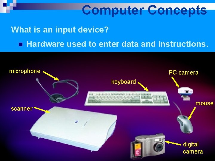 Computer Concepts What is an input device? n Hardware used to enter data and