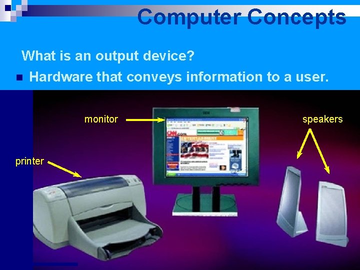 Computer Concepts What is an output device? n Hardware that conveys information to a