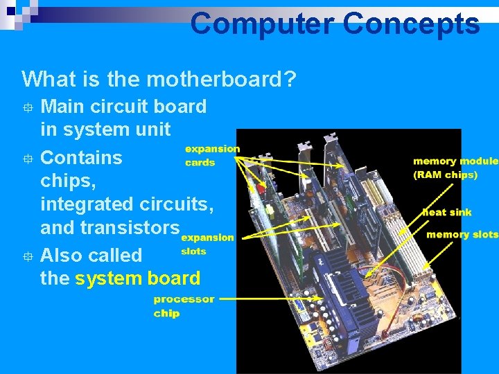 Computer Concepts What is the motherboard? Main circuit board in system unit ° Contains