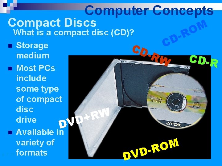 Computer Concepts Compact Discs What is a compact disc (CD)? Storage medium n Most