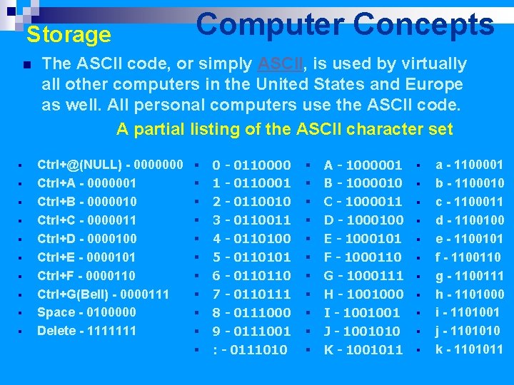 Storage n § § § § § Computer Concepts The ASCII code, or simply