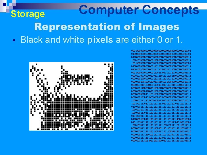 Storage Computer Concepts Representation of Images § Black and white pixels are either 0
