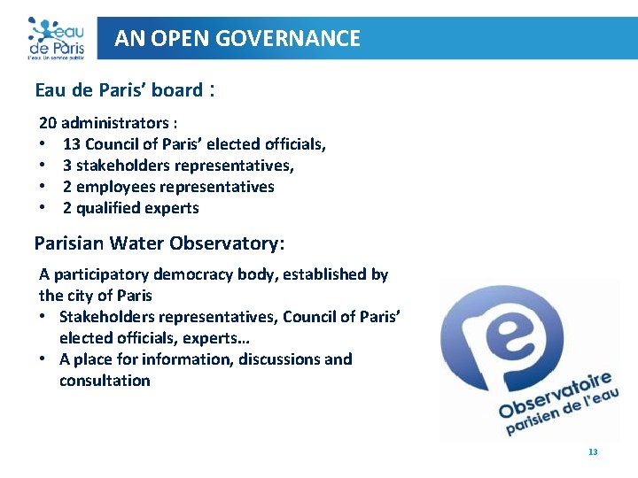 AN OPEN GOVERNANCE Eau de Paris’ board : 20 administrators : • 13 Council
